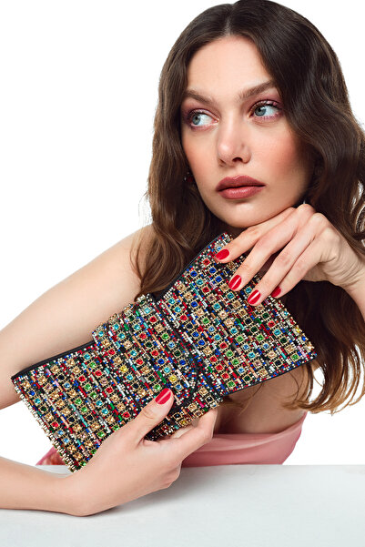 Derimod Mini rochie de seară cu curea lungă, multicoloră, cu pietre, geantă p...