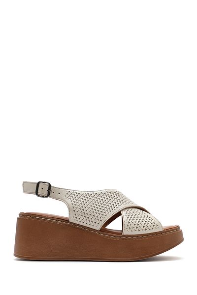 Derimod Women's Cream Ankle Strap Printed Wedge Heeled Leather Comfort Sandals 25Sfd 342126