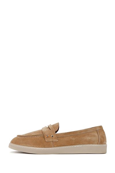 Derimod Women's Beige Stone Detailed Suede Genuine Leather Penny Loafer Shoes Casual Daily Shoes 25Sfd202210