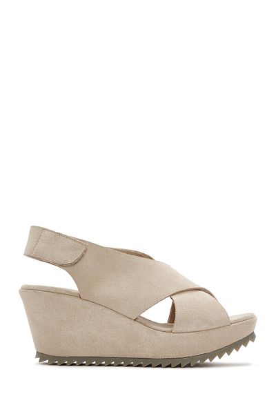 Derimod Women's Beige Back Strap Wedge Heeled Shoes Suede Genuine Leather Sandals 25Sfd141010