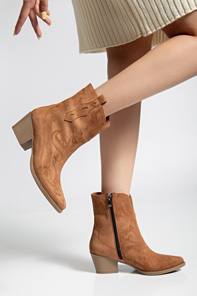 Ms Sugar Western Kovboy Kadın Suni Süet Taba Nakışlı Kısa Bot