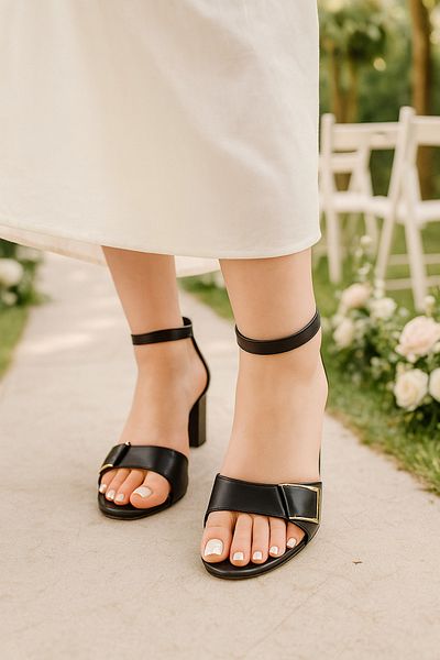 Nstil Women's Black Sandals - Buckle, Ankle Strap, Blunt Toe, Comfortable Sole 209