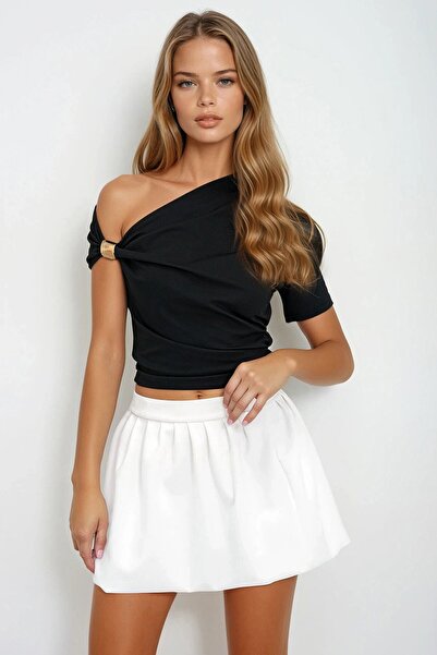 VAGGON Bluză neagră pentru femei, cu guler asimetric, drapat, cu umeri, acces...