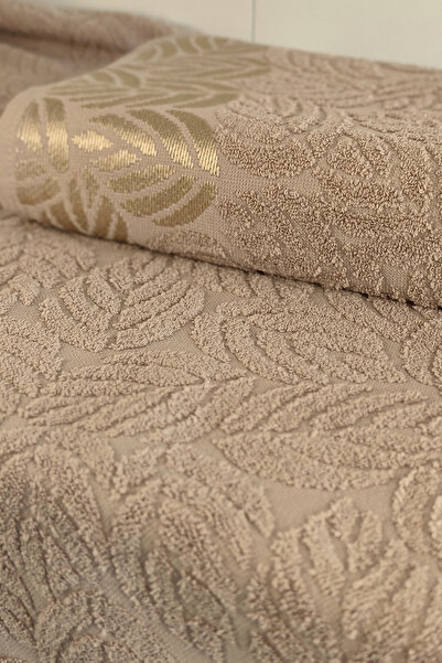 Sevim 2-Piece Jacquard Leaf Patterned 100% Cotton Hand Face Towel-50X90Cm-Cappuccino