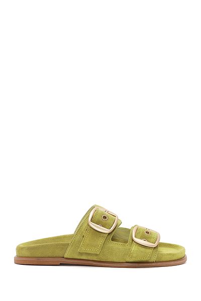 Derimod Women's Green Buckle Suede Leather Slippers 25Sfd 200110