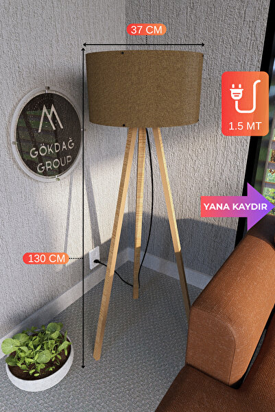 GÖKDAĞ GROUP 3 Ayaklı MEGA BOY Tripod Lambader Abajur Tütün Kahvesi Kumaş Başlık