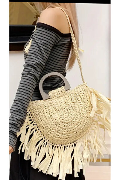 WOMANBAG EL YAPIMI HASIR PÜSKÜLLÜ MİDİ AHŞAP SAPLI RAFYA  EL VE OMUZ ÇANTASI