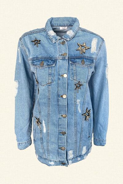 GZ Design Yıldız Işlemeli Uzun Açık Renk Jean Ceket