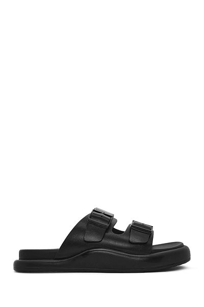 Derimod Men's Black Buckle Leather Slippers 25Sfd6966Pv