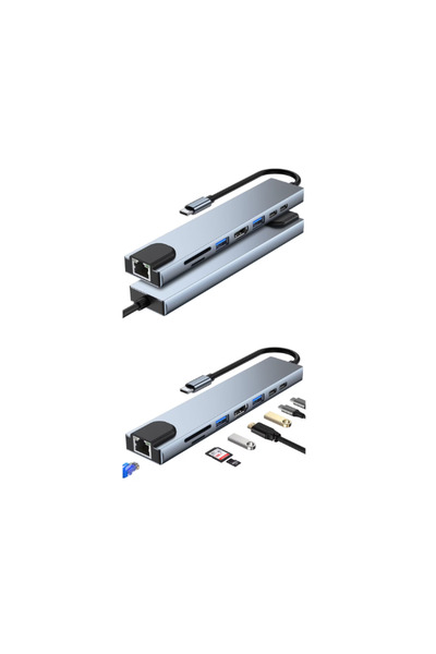 HOPE R Hub USB 3.1 tip C, 8 in 1 HDMI/USB3.0/USB2.0/2xUSB3.1-C/RJ45/SD/TF, carcasa aluminiu, HOPE R