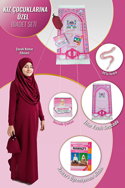 ihvan online Çantalı Kız Çocuk Namaz Elbisesi, İsimli Seccade, Tesbih ve Namaz Öğreniyorum Kitabı Seti - Fuşya