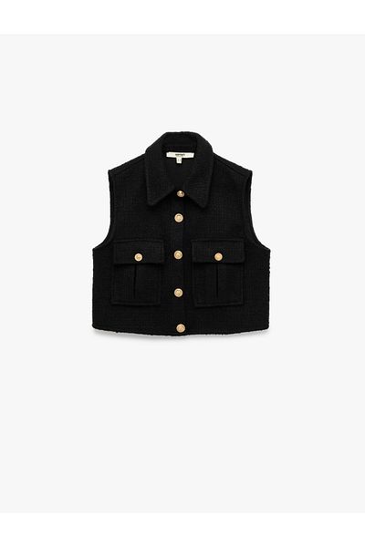 Koton Buttoned Pocket Sleeveless Shirt Collar Tweed Crop Vest