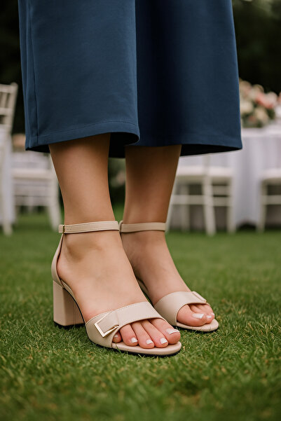 Nstil Beige Women's Sandals - Buckle, Chunky Heel, Strap, Ankle Strap, Blunt Toe Comfortable Sole 209