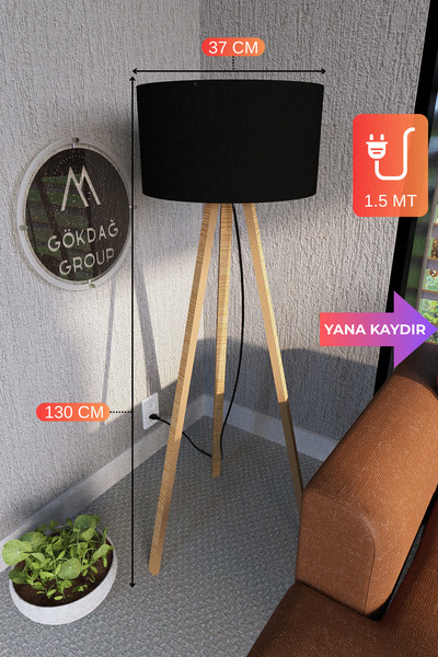 GÖKDAĞ GROUP 3 Ayaklı MEGA BOY Tripod Lambader Abajur Siyah Kumaş Başlık