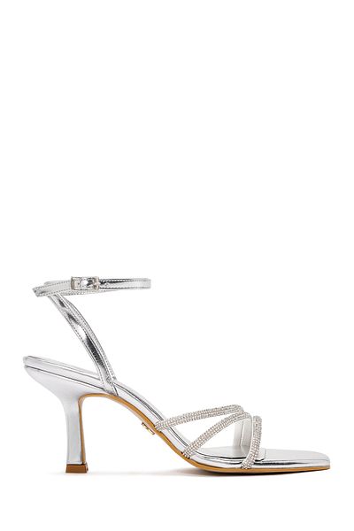 Derimod Women's Silver Ankle Strap Stone Thin Heeled Shoes Sandals 25Sfe390332