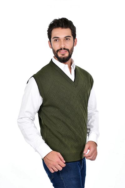 Kamalı Khaki Men's V-Neck Thick Knitwear - Steel Knitted Intersiye Winter Sweater