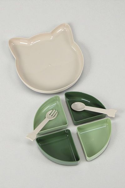 İronika Kitty 7 Piece Kitten Model Kids Baby Fork Spoon Plate Meal Nutrition Set Food Plate - Green