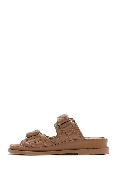Derimod Women's Tan Banded Quilted Patterned Leather Slippers 25Sfd2301Kp