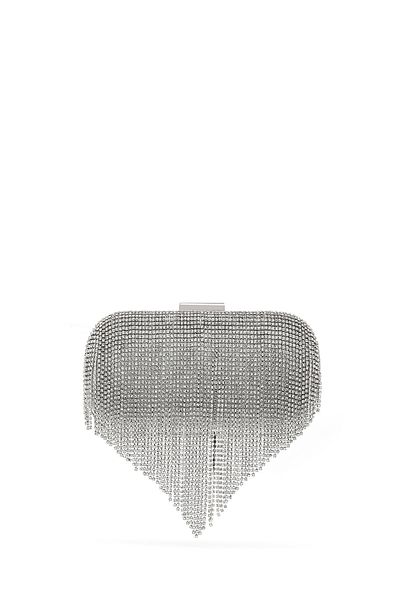 Derimod Women's Silver Long Chain Strap Stone Evening Dress Mini Portfolio Bag 25Sbd2704Ts