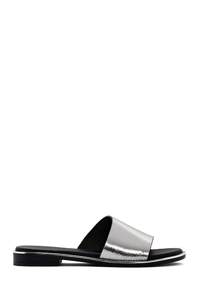 Derimod Women's Silver Metallic Leather Slippers 25Sfd360032