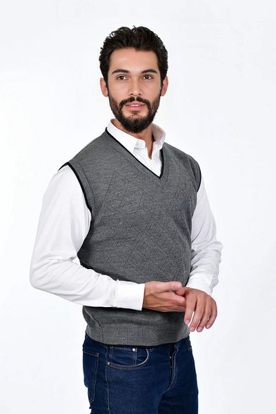 Kamalı Gray Men's Steel Knit Intersiye Winter Thick Knitwear V-Neck Knitwear Knit Non-Pilling Jumpers