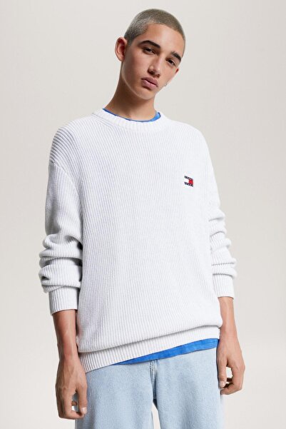 Tommy Hilfiger Erkek Tommy Hilfiger Logolu Saf Organik Pamuklu Bisiklet Yakalı Düşük Omuzlu Kazak Gr