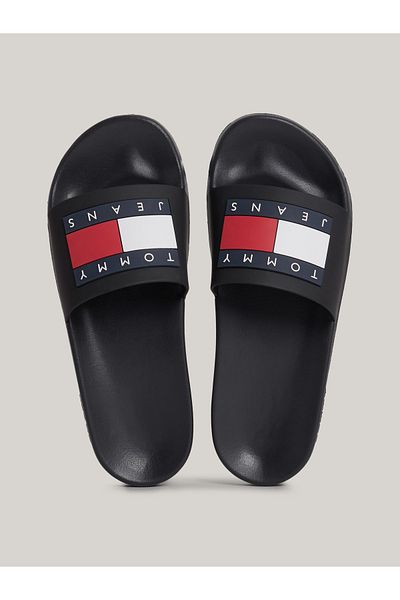 Tommy Hilfiger Women's Comfortable Black Slippers with Rubber Sole with Brand Logo En0en02115-bds