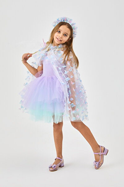 Le Mabelle Blue Butterfly Appliqued Girl's Cape Scepter Crown Set