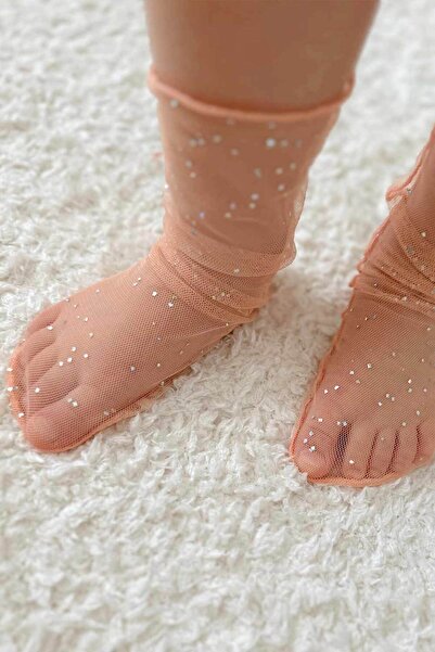 Le Mabelle Salmon Tulle Socks for Girls - Small Glitter Detailed