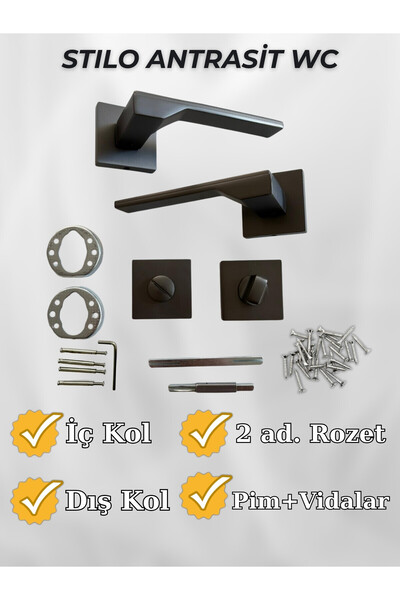almital mobilya aksesuarları furniture accessories Stilo Antrasit Kare Rozetli Kapı Kolu Lüks Wc Kapı Kolu