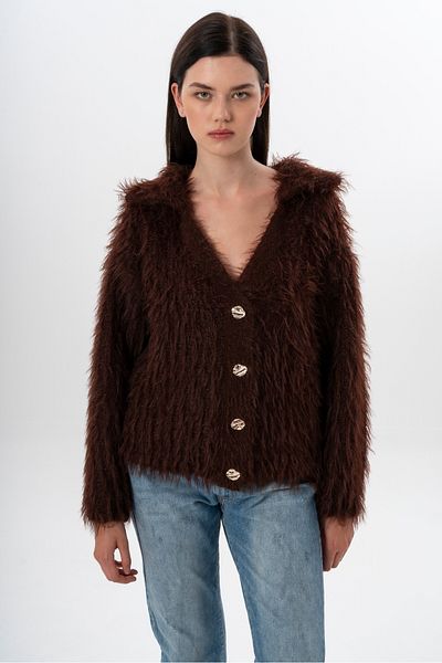 NATUFIAN STORE Women's Long Shaggy Glittery V-Neck Patch Washable Knitwear Cardigan