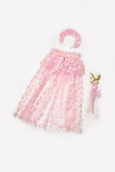 Le Mabelle Pembe  Kelebek Aplikeli Kız Çocuk Pelerin Asa Taç Set