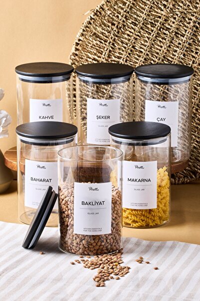 Perotti Laura 6'lı Siyah Ahşap Kapak Cam Kavanoz 1000 ml 10x15 cm 16 Adet Eti...