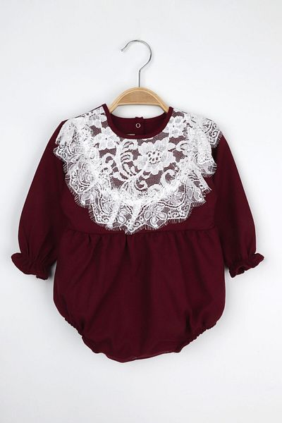 Le Mabelle Aida Baby Girl Jumpsuit - Claret Red Lace Detailed