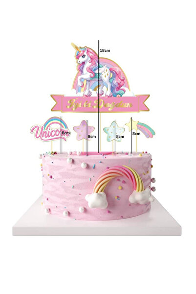 Le Mabelle Pembe Unicorn Temalı İyi Ki Doğdun 5'li Kürdan Pasta Süsü
