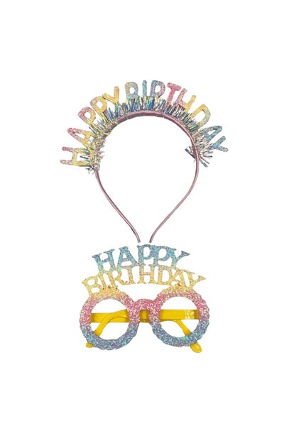 Le Mabelle Multicolored Happy Birthday Written Crown and Party Glasses