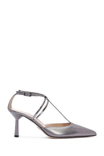 Derimod Women's Gray Ankle Strap Thin Heeled Metallic Leather Shoes 24Wfd 122732