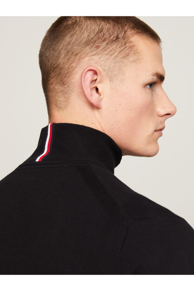 Tommy Hilfiger Men's Brand Logo Organic Cotton Blended Half Zipper Stylish Black Sweats