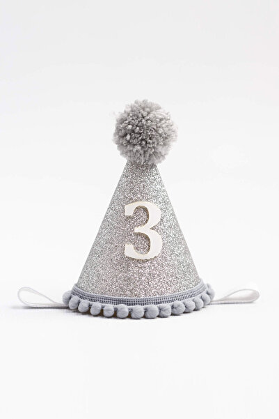 Le Mabelle Gri 3 Yaş Ponponlu Huni Doğum Günü Tacı