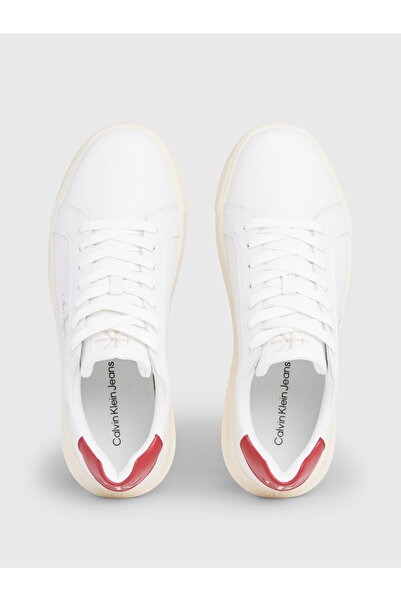 Calvin Klein Erkek Marka Logolu Şık Görünüşlü Deri Gündelik Kullanıma Uygun Krem Beyaz Sneaker YM0Y