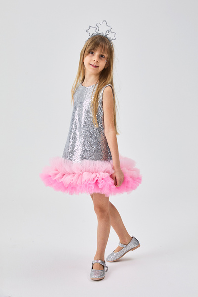 Le Mabelle Silver Sequined Girl's Dress with Tulle Hem - Evie