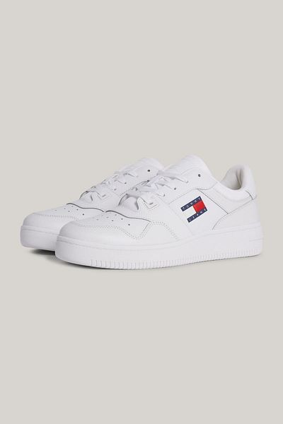 Tommy Hilfiger Λευκό δερμάτινο αθλητικό παπούτσι - Λογότυπο επωνυμίας, εξωτερική σόλα από καουτσούκ, περιστασιακή χρήση, Em0em01395-Ybr