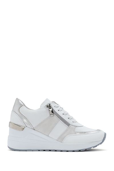 Derimod Women's White Wedge Heeled Side Zipper Leather Sneaker 25Sfd 370314