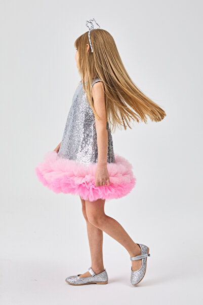 Le Mabelle Ασημένιο Φόρεμα Κοριτσίστικο Τούλι Παγιέτα - Evie