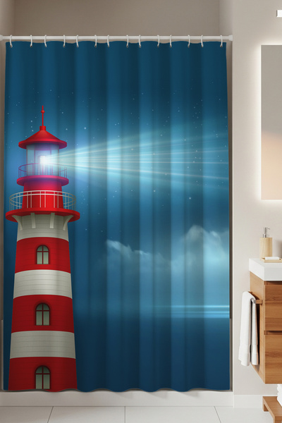 Tropikhome Banyo Perdesi Deniz Feneri Desen Banyo Perdesi Tek Kanat 180x200 C...