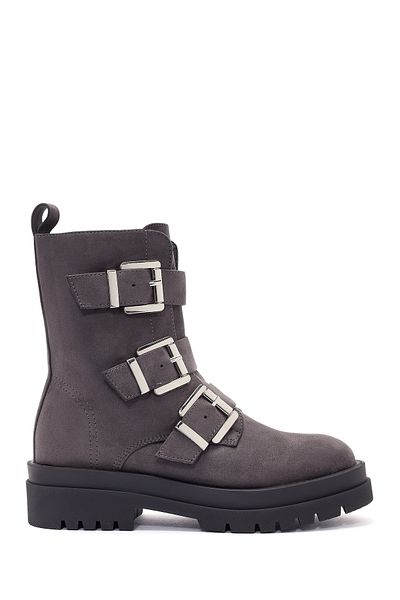 Derimod Women's Gray Zippered Belt Detailed Suede Boots 24Wfe 402010