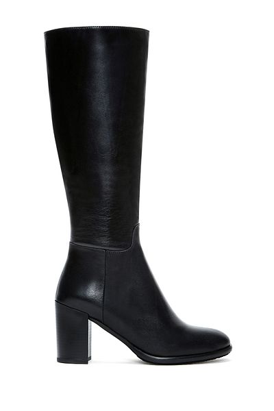 Derimod Women's Black Zippered Thick Heeled Leather Boots 24Wfd 281018
