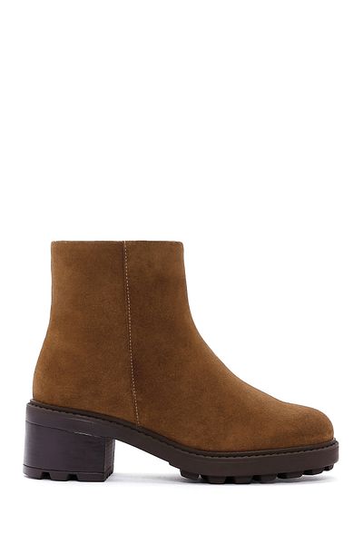 Derimod Women's Tan Zippered Thick Heeled Suede Leather Boots 24Wfd 235710
