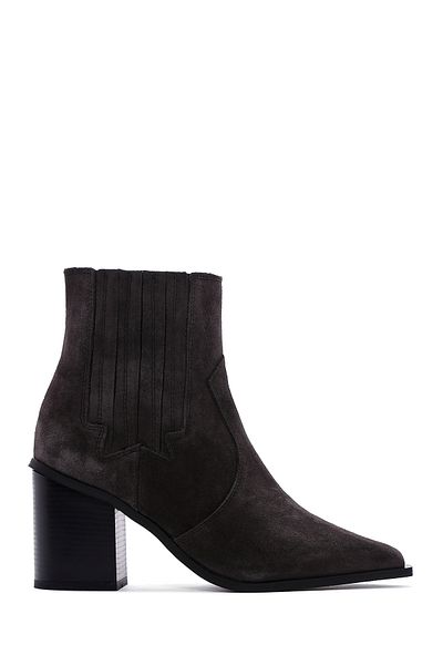 Derimod Women's Anthracite Thick Heeled Suede Leather Chelsea Boots 24Wfd 161210