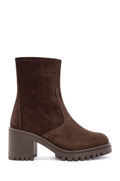Derimod Women's Brown Zippered Thick Heeled Suede Leather Boots 24Wfd 236110